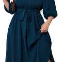 SCOMCHIC Women Plus Size Midi Dresses Puff Short Sleeve Square Neck Wedding Guest Elegant Flowy Belted A Line Dress