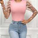 OYOANGLE Women's Floral Embroidery Mesh Puff Long Sleeve Tee Slim Fitted Knit Casual Blouses Tops (M)