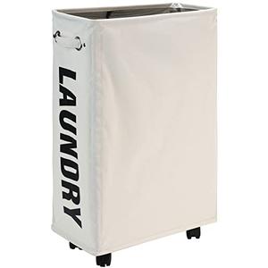 DOKEHOM 25-Inches Slim Laundry Basket on Wheels, Collapsible Rolling Laundry Hamper, Foldable Narrow Corner Clothes Storage Bins (Beige)