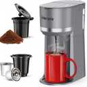 Horavie Mini Single Serve Coffee Maker for K Cup Pods and Grounds, Fast Brew One Cup Coffee Machine with Descaling Reminder and Water Window, 6 to 12 oz. Brew Sizes, Gray