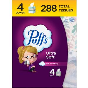 Puffs Ultra Soft Facial Tissues, 4 Mega Cube Box, 72 Facial Tissues Per Box