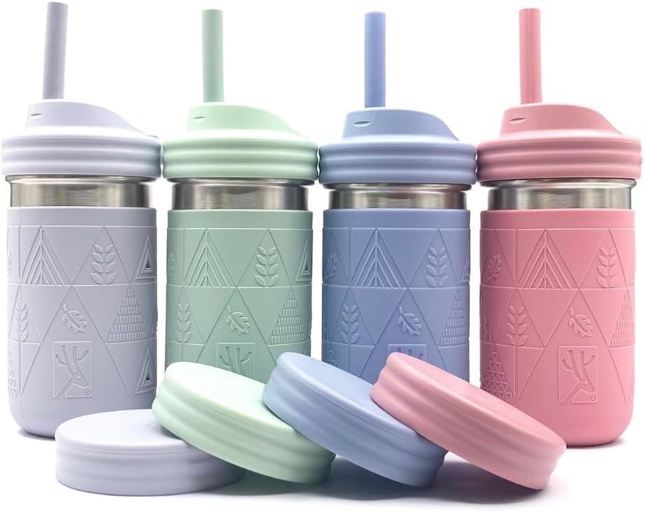 Elk and Friends 14oz Stainless Steel Kids + Toddler Drinking Cups | The Original Mason Jar with Sleeves + Lids | Silicone Straws | Smoothies | Storage Jar | Spill Resistant | Dishwasher Safe | 4 Pack (Sage/Blush/Lilac/Misty Blue)