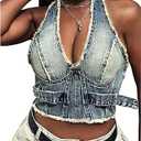 SHENHE Women's Denim Cami Backless Halter Neck Top with Fringe Trim Sleeveless, M