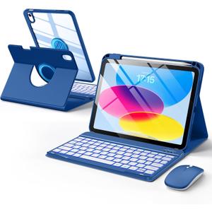 Wenlaty for iPad A16 11th/10th Generation Case with Keyboard & Mouse, 360 Rotating Magnetic Detachable Cover with Pencil Holder, 7-Color Backlit Keyboard and Mouse for iPad 11 inch/10.9", Navy Blue