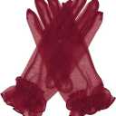 Women's Summer Tulle Gloves Pleated Ruffle Full Finger Wrist Length Opera Party Gloves (Burgundy)