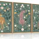 KAIRNE Cartoon Cheetah Framed Canvas Wall Art Set, Modern Leopard Wall Decor, Floral Botanical Leaves Wall Painting, Boho Cat Animal Art Print for Preppy Room, Living Room, Bedroom - 16"x24"x3