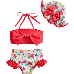 Baby Girl Swimsuit Infant Toddler Girl Bathing Suit Bikini Two Piece Swimwear with Hat (12-18 Months, Red Floral)