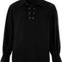 Karlywindow Men's Medieval Pirate Shirts Lace Up Stand Collar Wide Cuff Halloween Costume Shirt Tops (X-Large, Black)