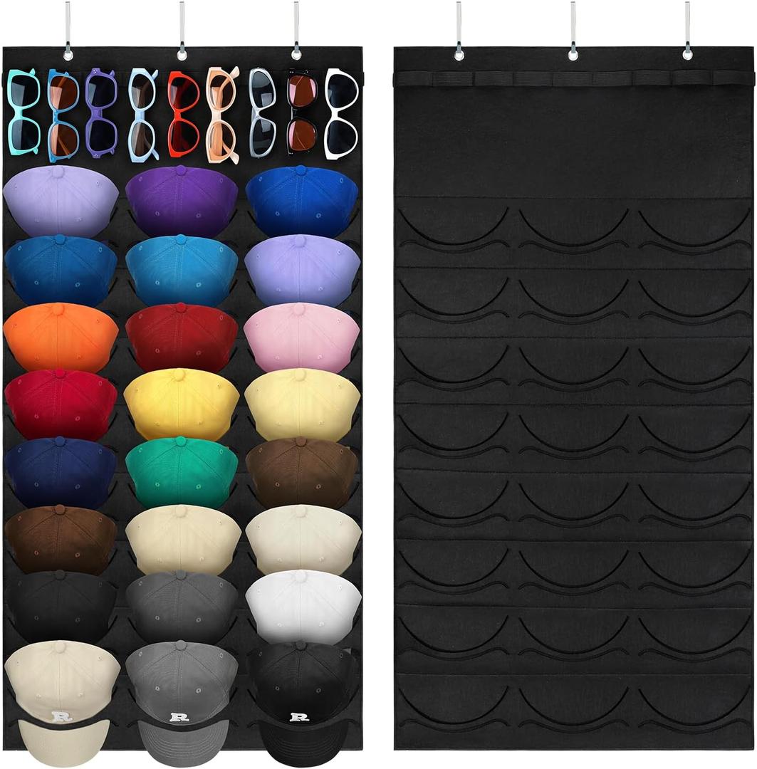Hat Organizer Racks for Baseball Caps and Sunglasses, Hat Rack for Wall, Sunglass Organizer 24 Pockets 9 Holes(Black)