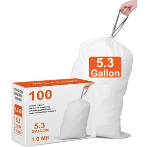 5.3 Gallon 100 Count Heavy Duty with Ultra Strong Drawstring Trash Bags White Garbage Can Liners 19 Liter Tear & Leak Resistant Drawstring Garbage Liners