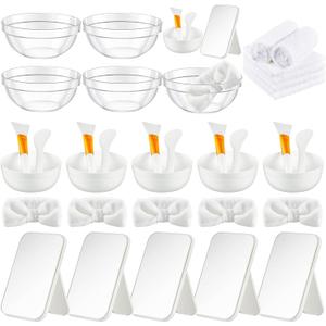 6 Set White Spa Party Supplies for Girls Women Include Facial Mask Bowl with Stick Spatula Silicone Brush Mirror Headband Towel for DIY Spa Sleepover Slumber Wedding Birthday Party Favor