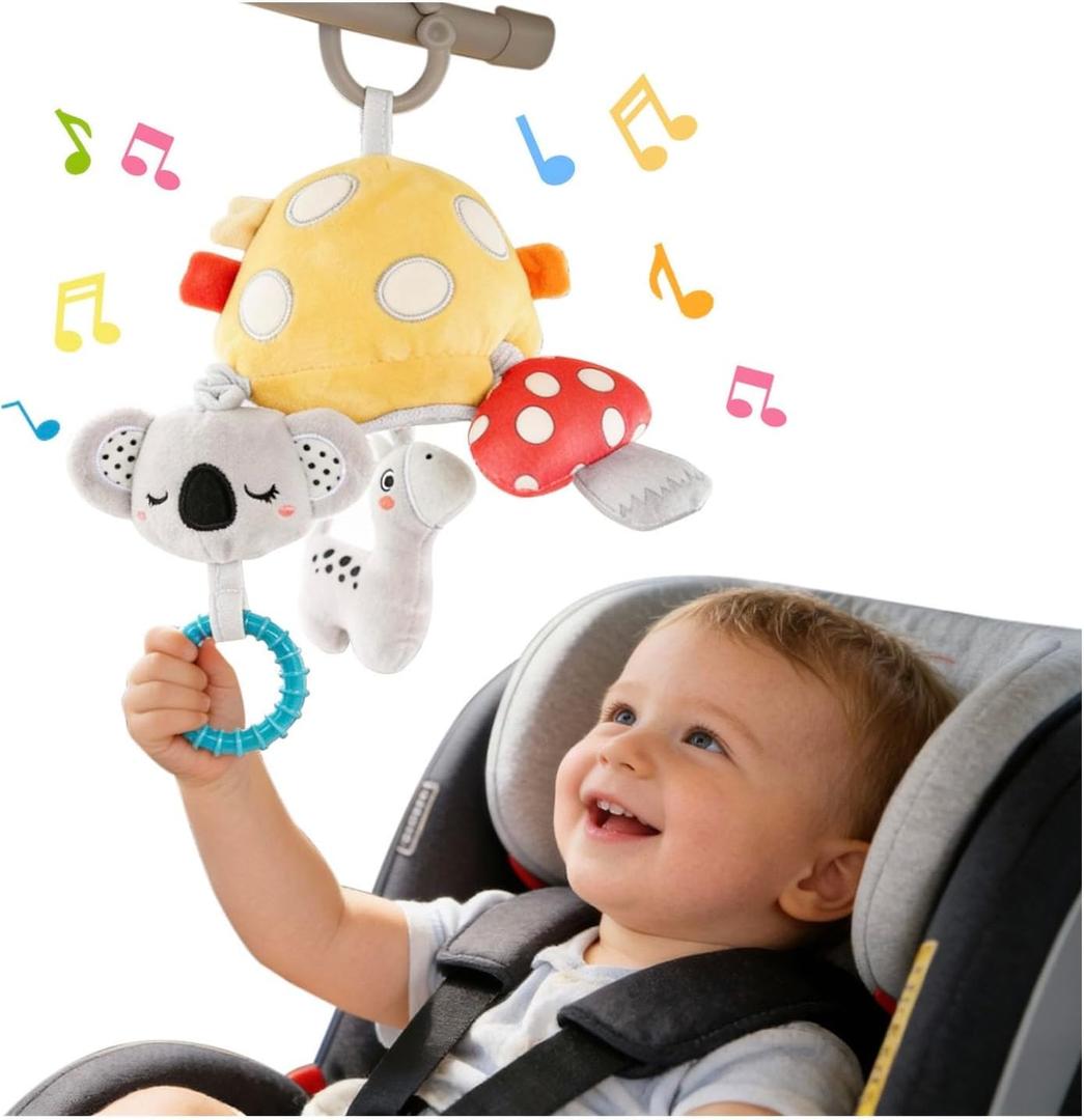 Musical Baby Pull Vibration Toy for Car Seat 6-12 Months, Travel Sensory Toy 3 Months, Montessori Plush Toys for Roadtrip with Crinkle Textures Flutter Squeaky Mirror Newborn Infant Gift