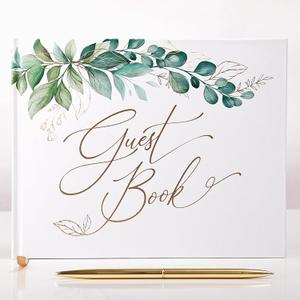 Gold Foil Greenery Wedding Guest Book 7 x 9 inches, Pen & Table Sign Included, Resgistry Sign in Book for Wedding, Bridal Shower, Baby Shower, Graduation, Birthday, Funeral, Anniversary or Reception