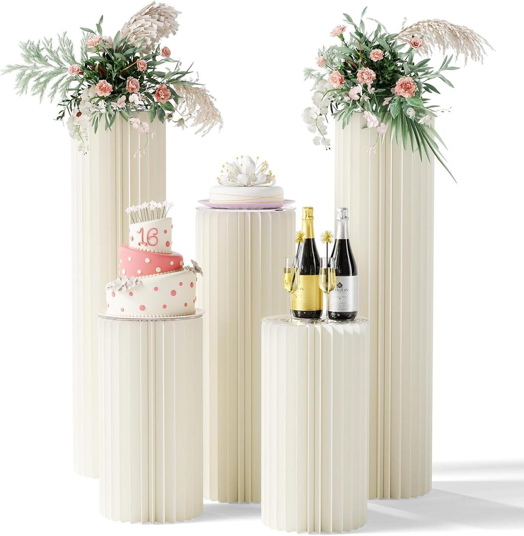 5 Pack Portable White Cylinder Stands for Party, 31.5", 23.6", 15.7" Height Foldable Cardboard Tall Cake Pedestal Stand Pillar Table Stand Event Plinth, cilindros para fiestas redondos blancos for Wedding Parties