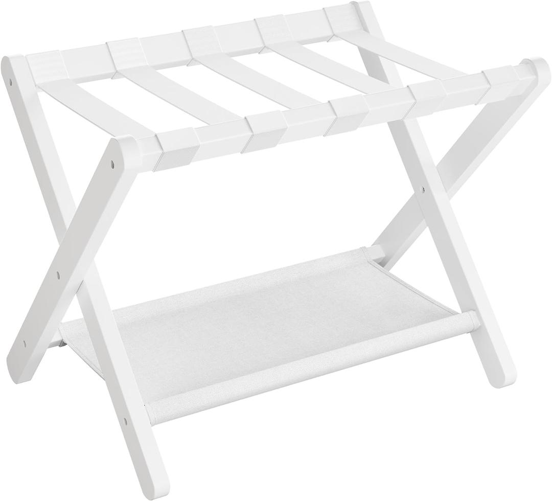 SONGMICS Luggage Rack, Folding Suitcase Stand with Storage Shelf, for Guest Room, Hotel, Bedroom, Heavy-Duty, Holds up to 131 lb, Classic White URLR007W01