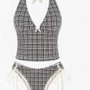 seamoly Vintage Gingham Halter Tank Top & Cinched Tie Side Tankini Set, Small
