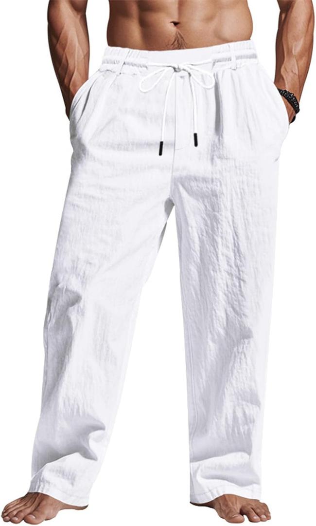 Men's Linen Pants Lightweight Drawstring Elastic Waist Pockets Loose Fit Straight Legs Summer Beach Yoga