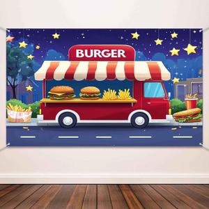 Burger Themed Party Backdrop Hamburger Cart Photo Background Night Fast Food Banner Backdrop for Birthday Party Photobooth Banner Photo Studio Props 70.87 x 45.28 in YUNHBDJ1102