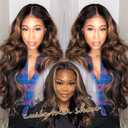 Long V Part Body Wavy Wig With Black With Highlight Brown Upgrade U Part Synthetic Water Wavy Wigs for Black Women Full Head Clip In Hair Glueless Synthetic Wigs (Black Mix Brown)