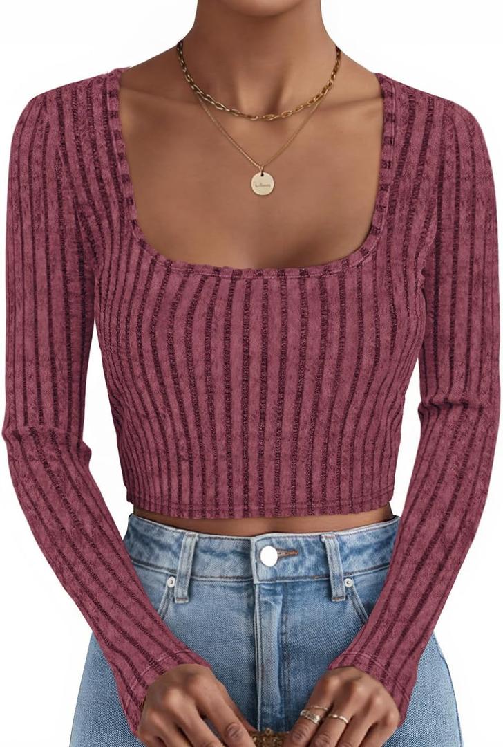 ZESICA Women's Long Sleeve Crop Tops Square Neck Slim Fitted Shirts Casual Basic Tees 2025 Fall Trendy Clothes (Large, Wine)