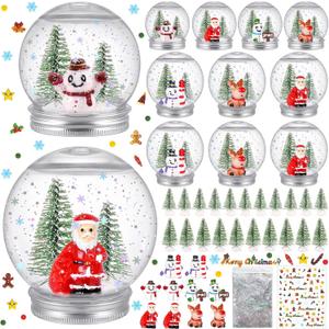 10 Pack Christmas Plastic Snow Globes Kit Includes 10 Clear Snow Globe, 20 Mini Xmas Trees, 10 Christmas fillable Ornaments, 1 Xmas Sticker with Glitter for DIY Crafts Home Winter Decor