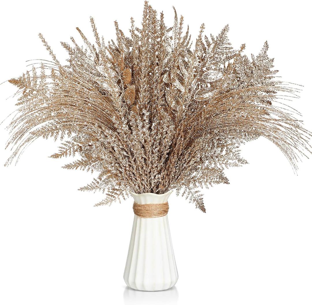 50 Pcs Champagne Gold Christmas Tree Picks and Sprays Xmas Tree Topper Glitter Pine Twigs Faux Glittery Branch Stems for Christmas Vase Wreath Decoration DIY Craft Supplies