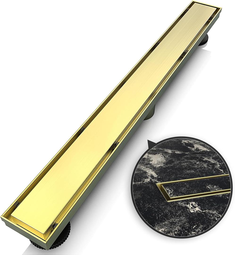 WEBANG 36 Inch Linear Shower Drain Rectangular Floor Drain with Accessories Reversible 2-in-1 Cover Tile Insert Grate Removable SUS304 Stainless Steel CUPC Certified Brushed Gold