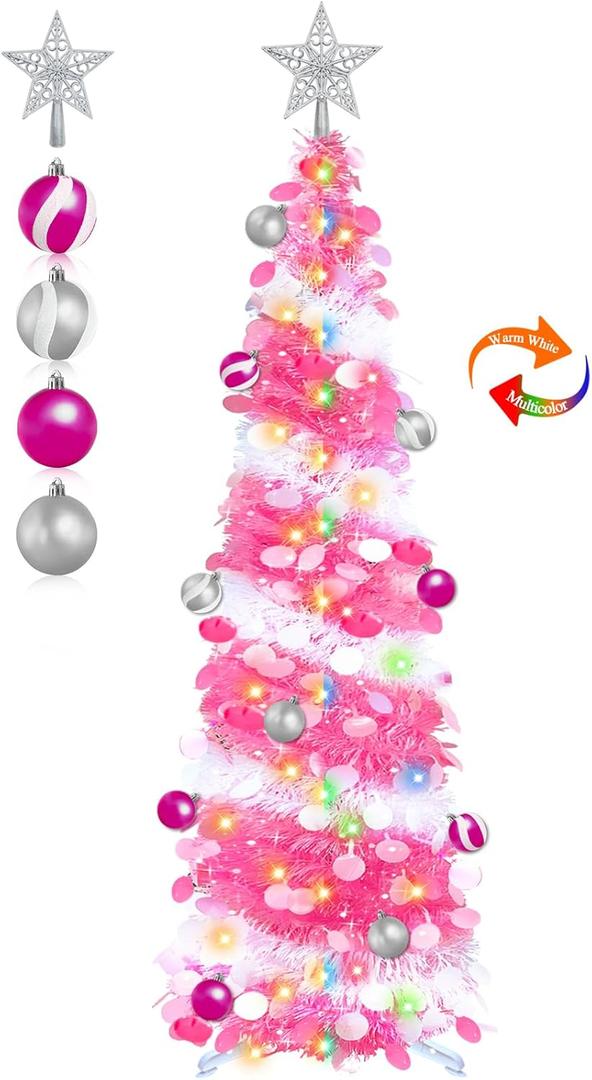 Dual Color Switch&Timer 5 Ft Pink Pop Up Christmas Valentines Tree with 50 Warm White&Color Lights 8 Modes, Tinsel Pencil Collapsible Xmas Tree, Easy Assembly, Balls 3D Star Sequins, Home Party Decor