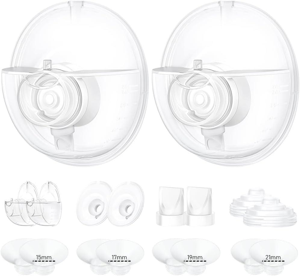 Two Full Breast Pump Parts only Compatible with Momcozy M5 Breast Pump, Not for Others,Including 8pcs Flange Inserts 15/17/19/21mm*2, 24mm Flange*2, Collector*2, Duckbill Valve*2,Diaphragm*2 (2pcs-24mm Overall+8pcs-4size flange insert)