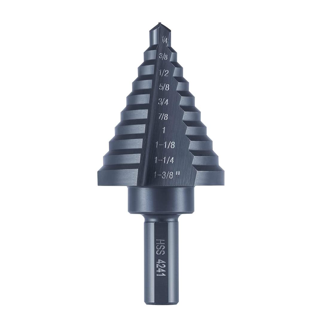 10 Sizes Step Drill Bit for Metal Sheet, 1/4 to 1-3/8 Inches High Speed Steel Drill Cone Bits for Hole Drilling Cutting, HSS Multi Size Hole Stepped Up Unibit