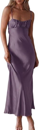 Satin Spaghetti Strap Backless Ruched Twist Cocktail Dresses for Women Silk Open Back Cut Out Midi Dress Wedding Guest, Large