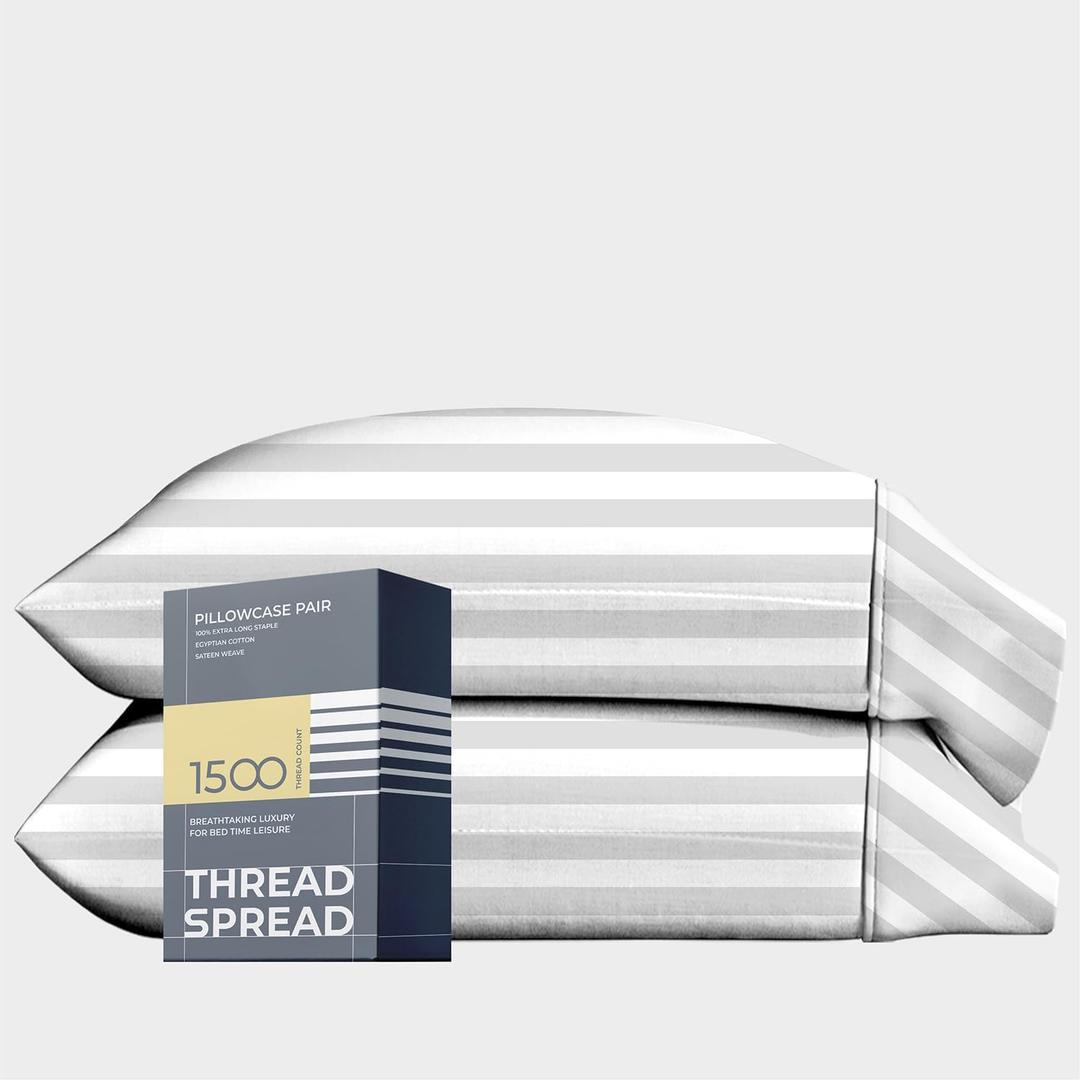 THREAD SPREAD 100% Egyptian Cotton King Size Pillow Cases Set of 2 - Luxury 1500 Thread Count Pillow Cases King Size (White Stripe), Soft Cooling Envelope Closure Hotel Egyptian Cotton Pillowcases