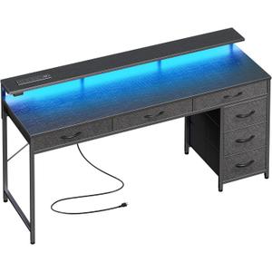 Huuger Gaming Desk with 6 Drawers, Computer Desk with LED Lights Power Outlets and Type-C, 55 Inch Office Desk with Storage, Monitor Stand, Writing Desk Work Desk Home Office, Bedroom, Study, Black