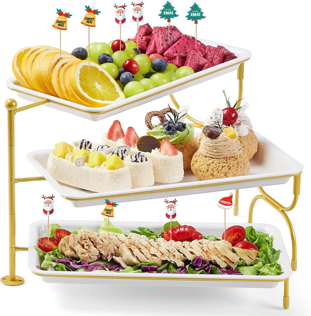 Lifewit 3 Tier Serving Tray for Party, 12" x 6.5" Plastic Tiered Food Serving Platters, White Rotatable Tiered Tray Stand with Gold Collapsible Metal Stand, Dessert Table Display Set for Buffet