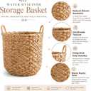 Newtay 1 Pcs Water Hyacinth Wicker Storage Basket 14 x 12 Inch | Handles Round, Boho Woven Blanket Basket, Laundry Pillows, Plants Natural, Farmhouse Bedroom Living Room Decor