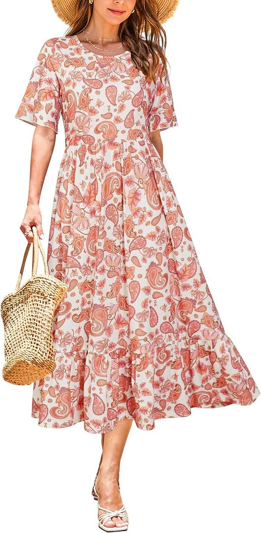 STYLEWORD Women's Summer 2026 Casual Short Sleeve Tiered Flowy Spring Dress Long Midi Beach Sundress Vacation Outfits (Large, White Apricot Floral)