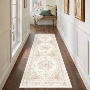 Runner Rug 2x8 Cream Hallway Washable Beige Carpet Non Slip Vintage Medallion Beige Carpet Low Pile Soft Distressed Retro Indoor Long Rug for Entryway Kitchen Bathroom Laundry Bedroom