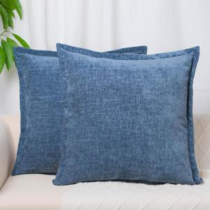 Pack of 2, Blue Chenille Throw Pillow Covers 24x24 Inch Decorative Pillowcase Boho Farmhouse Cushion Covers Soft Couch Cushion Case for Couch Sofa Bedroom Living Room