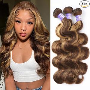 Ombre Human Hair Bundles Body Wave P4/27 Honey Blonde Bundles Highlight Brown Colored 3 Bundles 14 16 18 Inches 12A 100% Brazilian Virgin Remy Hair Weft