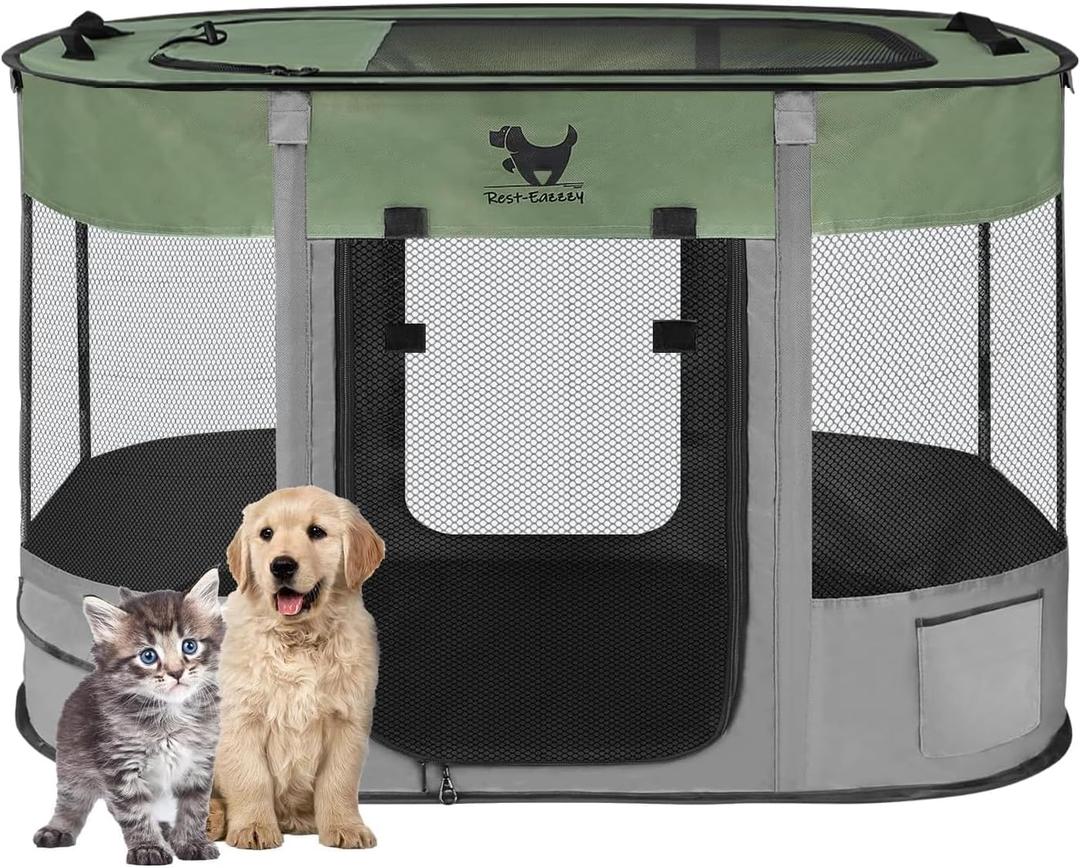 Rest-Eazzzy Dog Playpen, Foldable Kitten Playpen for Medium Dogs, Portable Pet Puppy Playpen with Removable Shade Cover, Indoor Outdoor Travel Camping Use for Small Pets with Carrying Case (S, Green)