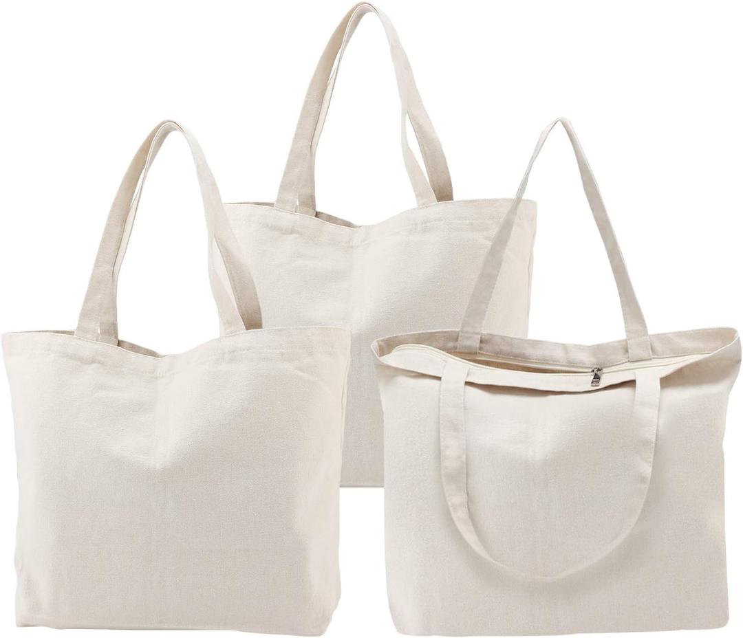 Segarty 3PCS 16.5x13 inch Natural Heavy DIY Tote for Crafting, Ironing and Embroidering, White Canvas Reusable Grocery Shopping Bag with Zipper