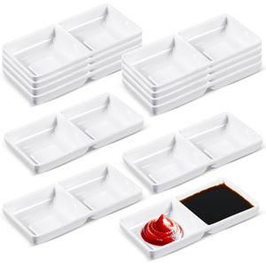 Gejoy 12 Pcs Dual Dipping Sauce Bowls Soy Sauce Dish Bowls Two Compartments Party Trays Divided Fondue Plates for Restaurant Kitchen Sushi Soy (White)