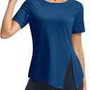 TBMPOY Women's Short Sleeve Workout Tops T-Shirts Breathable Quick Dry UPF 30+ Athletic Exercise Tee Shirts with Side Slits (Blue, L)