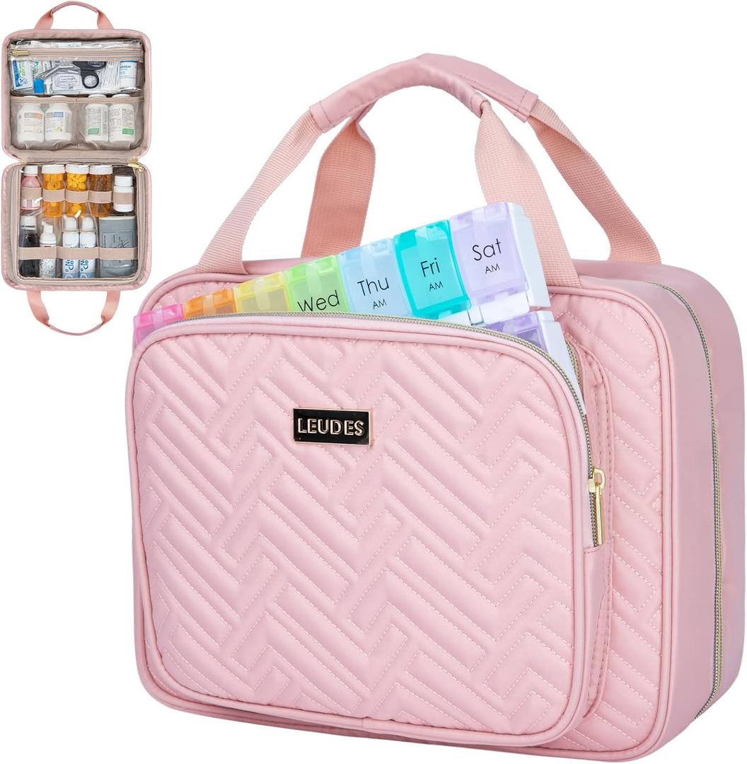 Leudes Travel Pill Bottle Organizer,Medicine Organizer and Storage,Home Medication Bag, Cases,Carrier for Pills,Vitamin,Fish Oil, Supplements for Women and Men (Large, Pink)
