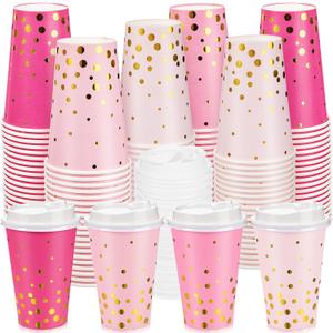 Jingmore 80 Pcs Pink and Gold Disposable Coffee Cups with Lids 12oz Gold Foil Dot Gradient Paper Cups for Hot Cold Beverage Water Tea Party Wedding Baby Shower Birthday Supplies