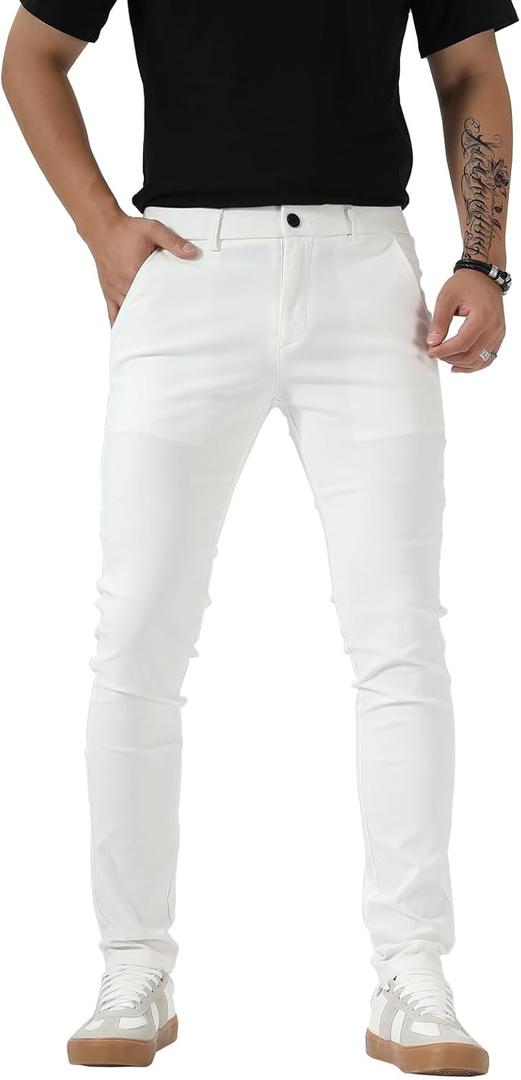 Plaid&Plain Men's Plaid Pants Skinny Dress Pants for Men Skinny Chino Pants Men 7301-White-T28X28