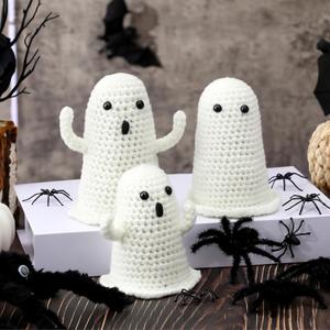 3 Pcs Halloween Crochet Ghost Decor Handmade Positive Cute Knitted Ghost Gifts Tiered Tray Decor Table Centerpieces for Halloween Home Shelf Mantel Tabletop Windowsill Funny Party Gifts
