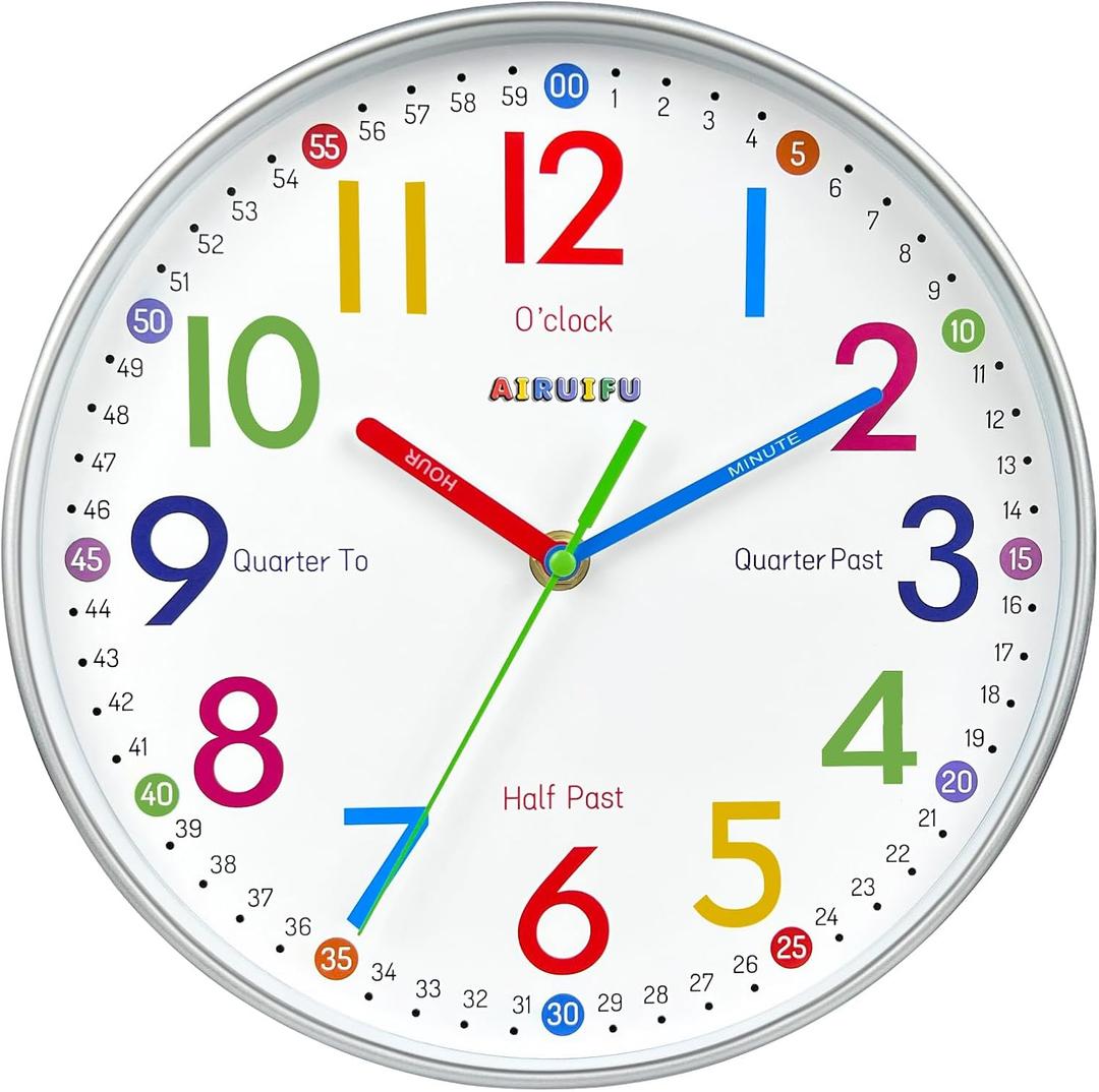 AIRUIFU Wall Clock for Kids Learning to Tell Time, 12 Inch Silent Analog Clock for Kids Room Decor/Bedroom/Classroom/Playroom, Colorful Teaching Clock Helps Kids Easier to Tell Time
