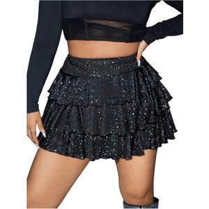 WDIRARA Women's Plus Mesh Leopard Print Y2K Mini Skirt Tiered Layered Ruffle Hem Skinny Skirts (X-Large Plus, Black Glitter)