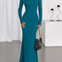 PRETTYGARDEN Fall Dresses for Women 2026 Long Sleeve Bodycon Mock Neck Ruched Maxi Formal Cocktail Wedding Guest Dress (Blue, XL)